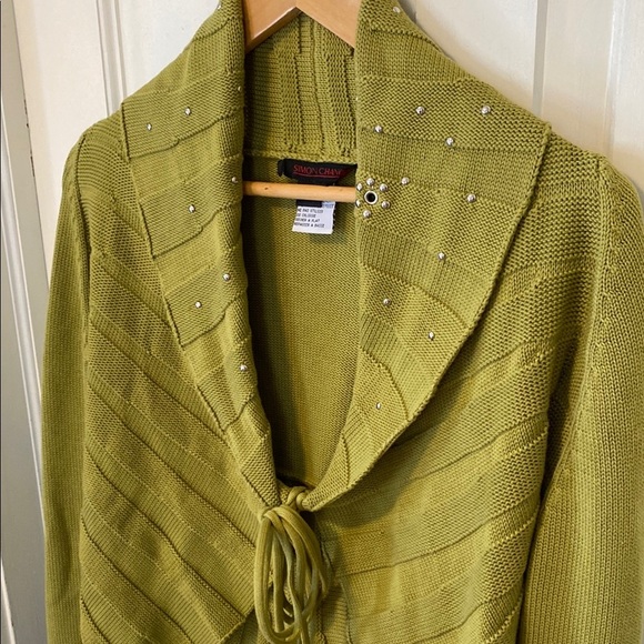 Simon Chang Olive Green Knit Cardigan Sweater Tie Closure Boho Designer Artsy - Picture 2 of 13